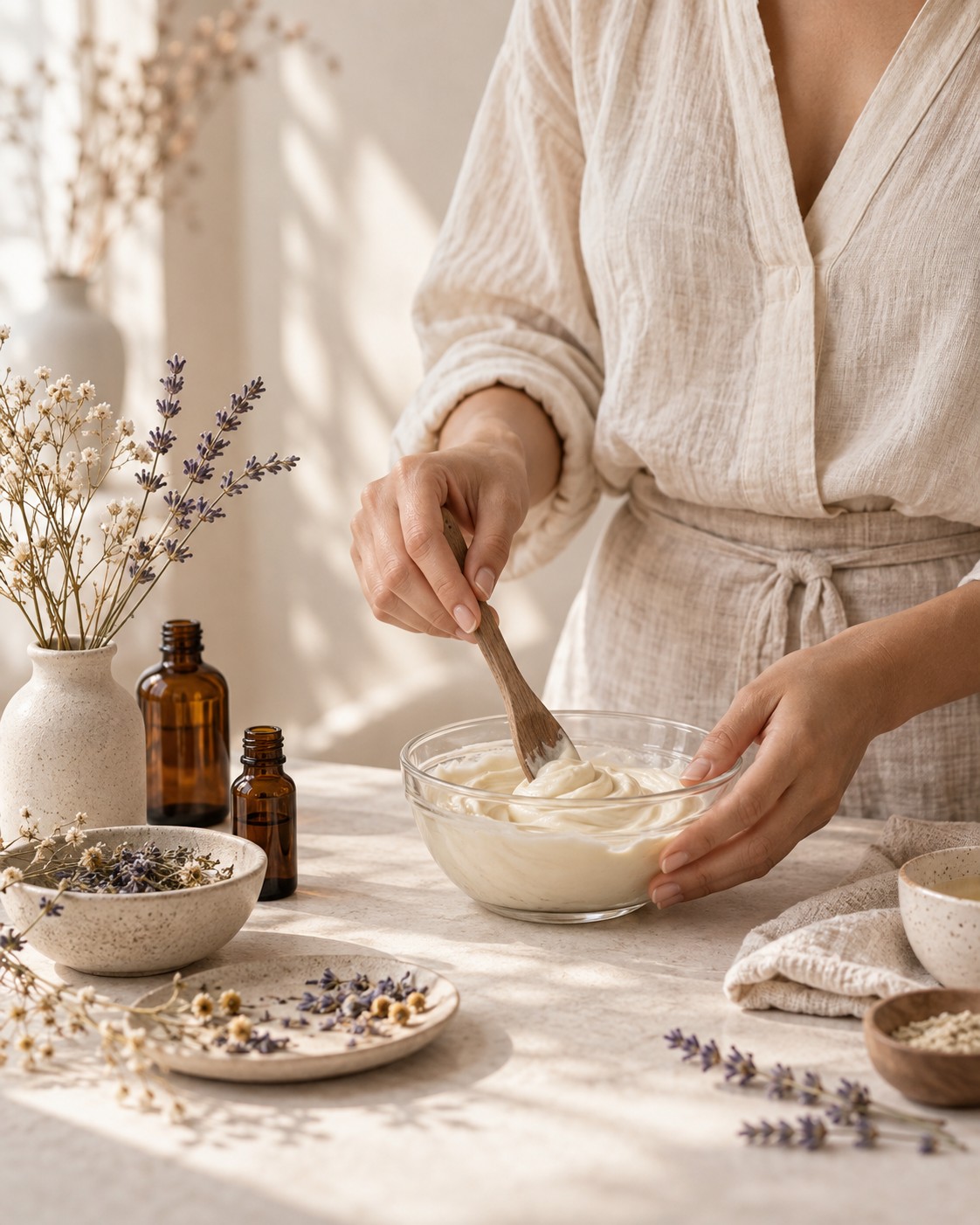 Manos preparando una crema artesanal con ingredientes naturales